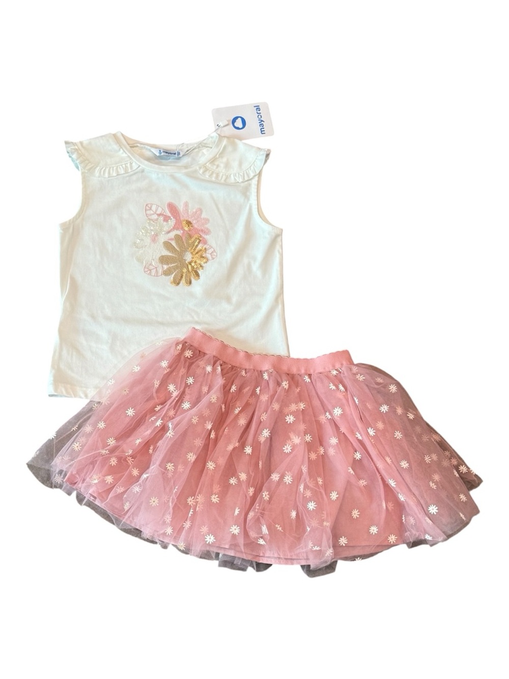Mayoral Pink Tulle Daisy Skirt with White Floral Appliqué Tank